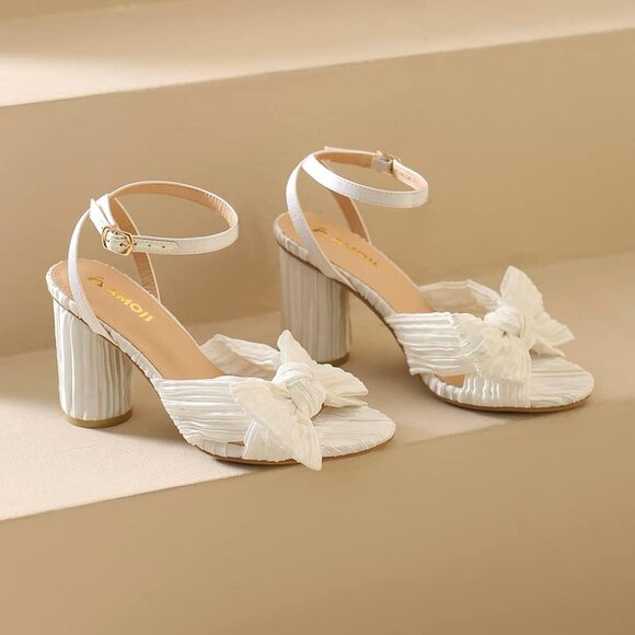 🆕Women White Ankle Strap Bowknot Chunky Wedding Party Dress Shoes Heeled Sandal - Picture 5 of 8